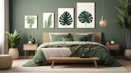 Creative composition of bedroom interior with mock-up poster frame, green bedding, wooden side table, stylish bench, beige rug, plants, basket, lamp, and personal accessories. Home decor. Template.