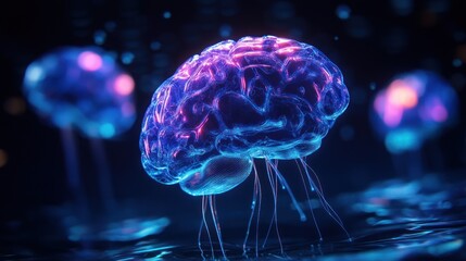 Obraz premium Floating digital neon brain with glowing trails