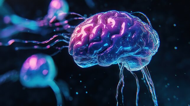 Digital blue brain with luminescent tentacle strands
