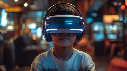 A young boy immersed in a virtual reality experience, wearing a VR headset and exploring a digital world.