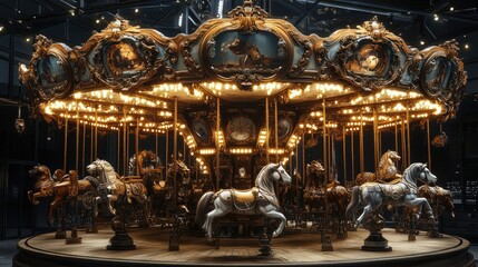 Fototapeta premium Ornate Carousel with Illuminated Horses and Intricate Detailing