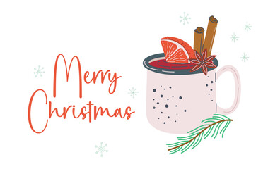 Merry Christmas greeting card. Mulled wine with cinnamon sticks, orange slice and star anise. Warm spice alcohol drink. Winter holidays traditional tipple. Hand drawn flat design vector illustration.
