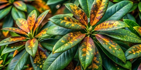 Obraz premium Brown spots on rhododendron leaves indicating potential disease or environmental stress symptoms