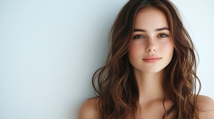 Fototapeta premium minimalistic and elegant portrait of a young woman isolated on a white background, showcasing her beauty, grace, and confidence in a simple and clean setting
