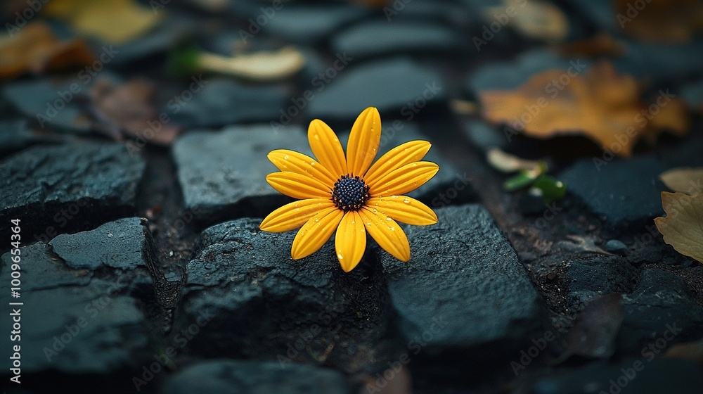 Poster   A yellow flower rests atop a cobblestone path, surrounded by fallen leaves