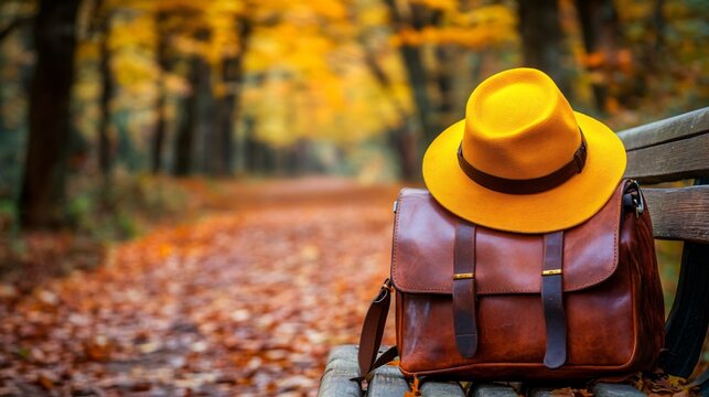 A vivid yellow hat and a brown leather satchel resting on a park bench, with the backdrop of a forest path covered in fiery autumn foliage