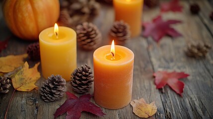 Bright yellow and orange candles arranged on a rustic wooden table, with pinecones, small pumpkins, and deep crimson leaves as accents in a cozy atmosphere
