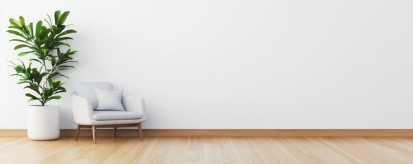 Modern chair and potted plant against a minimalistic white wall.