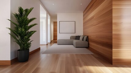 Modern interior living space with wooden walls and a cozy atmosphere.