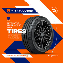 Tire car banner. Sale in auto service. Tyre change. Automotive repair. Rubber wheel ad poster design.  Vehicle garage promotion. Transport workshop. 