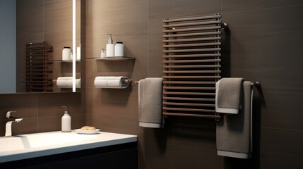 Heated towel rail with brown towels in bathroom