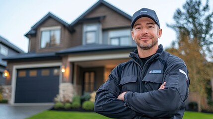 skilled contractor in professional workwear standing before a house, exuding confidence and reliability while representing top-quality craftsmanship and home repair expertise