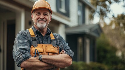 skilled contractor in professional workwear standing before a house, exuding confidence and reliability while representing top-quality craftsmanship and home repair expertise