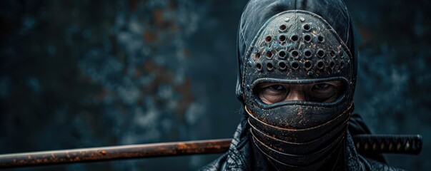 Naklejka premium Focused kendo warrior in full armor with twin bokuto, dim studio background. Free copy space for text.