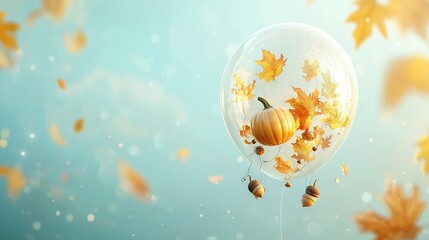   A balloon with autumn leaves and a pumpkin floating in the sky