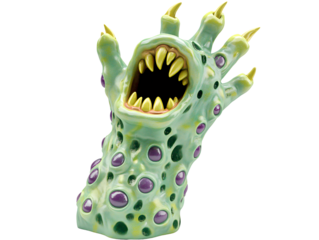 a green monster with yellow and purple dots