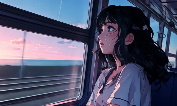 Anime girl gazing out train window at sunset sky video lofi animation. Contemplative female commuter animated cartoon lo-fi HD clip motion graphics 2D. Dreamy cloudscape chill concept
