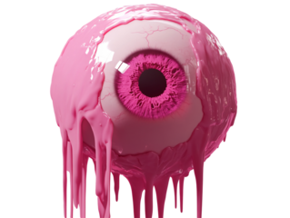 a pink eyeball with pink liquid dripping