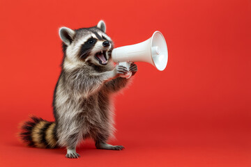Fototapeta premium Cute raccoon with a megaphone on a red background