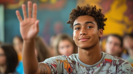 enthusiastic and engaged student confidently raising his hand in a classroom discussion, actively participating in an educational and intellectual setting