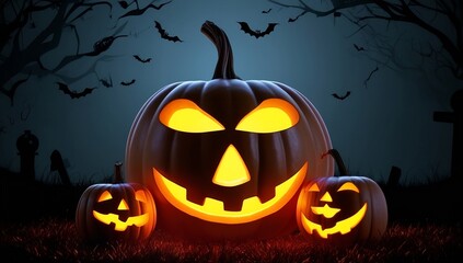 Halloween pumpkins glowing in the dark background, Jack o Lantern, autumn Halloween holiday concept background, Spooky night scene, banner, poster, header, illustration created with generative ai