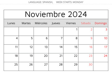 October 2024 SPANISH calendar - Noviembre. Vector illustration. Monthly planning for business in Spain