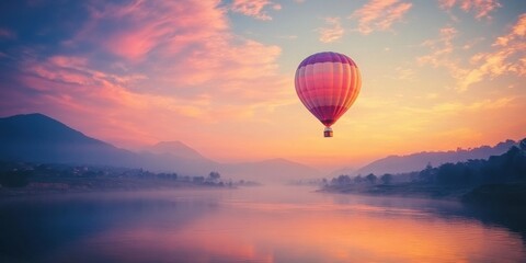 Fototapeta premium a hot air balloon flying over a lake