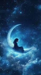 A serene figure sits on a crescent moon amidst a starry night sky, evoking tranquility.