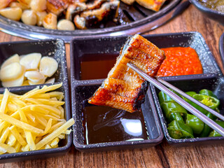 Korean food. Grilled eel. Three flavors. Spicy sauce, salt, soy sauce