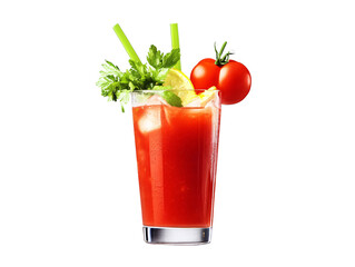 a glass of red liquid with a tomato and celery garnish