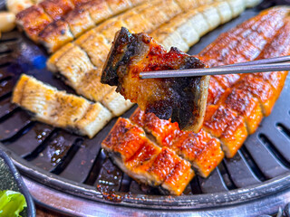 Korean food. Grilled eel. Three flavors. Spicy sauce, salt, soy sauce