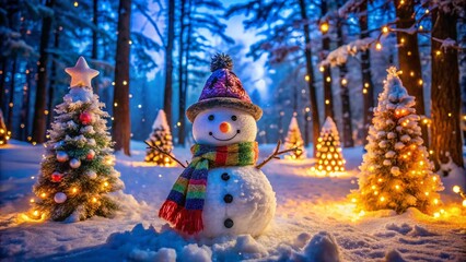 Cheerful Snowman in a Winter Wonderland Surrounded by Trees and Glimmering Snowflakes