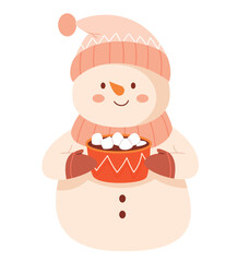 A snowman in a hat and mittens drinks cocoa with marshmallows.Happy winter snow man in hat