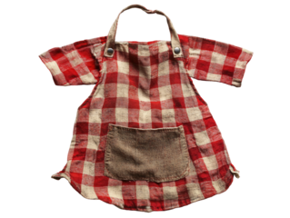 a red and white checkered apron