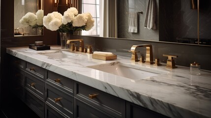 Luxurious Modern Bathroom With Marble Countertop, Dual Sinks, And Golden Fixtures