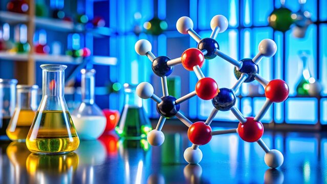 Chemical structure of propanoic acid displayed with molecular model and background of laboratory setting