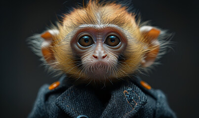 Cute Monkey in Business Suit Close-Up Portrait, Animal in Formal Clothes, Adorable Expression, Professional Monkey, Funny and Unique Concept, Animal in Business Attire