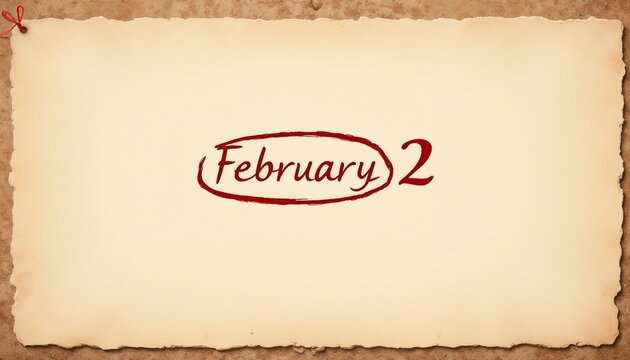 February 2 text on aged parchment paper background with rustic texture and copy space