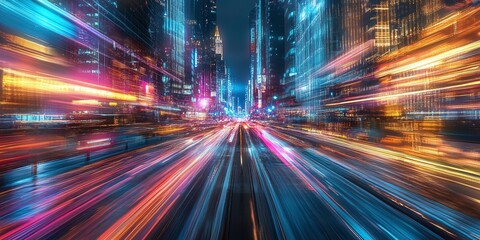 Obraz premium long exposure nightscape photography with colorful light trails, neon city lights, and dynamic motion blur, capturing speed and futuristic urban movement