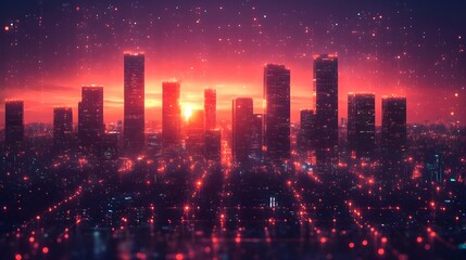 Obraz premium A vibrant city skyline illuminated by red lights, showcasing towering skyscrapers against the night sky.