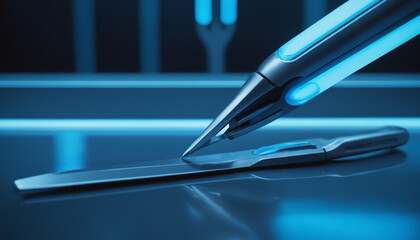 Close-up of a sleek, advanced surgical scalpel with glowing edges, placed on a metallic surface in a futuristic operating room, illuminated by soft blue light.