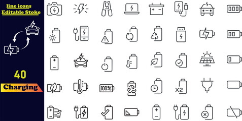 Charging icon set. Containing charge, battery, energy, electricity, charger, recharge, electric car and charging station icons.