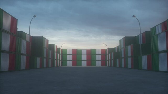 Italy export or import concept. Italy flag containers are located at the container terminal