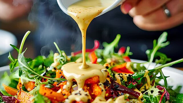 Pouring Creamy Dressing Over Fresh Salad with Vegetables

