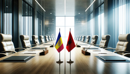 A modern conference room with Andorra and Albania flags on a long table, symbolizing a bilateral meeting or diplomatic discussions between the two nations.
