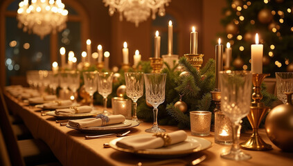 Evening Holiday Table Decorated With Candles and Greenery