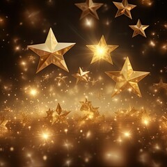 Luxury golden stars on blurred background, close up, space for text.