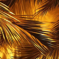 Golden palm leaves background with sheen, close up, space for text