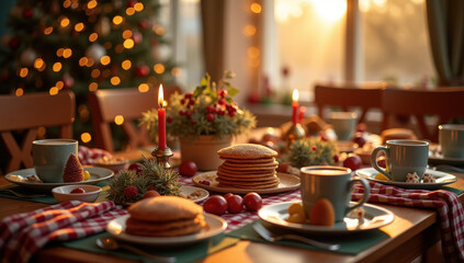Fototapeta premium Festive Breakfast Table With Pancakes and Decorations During the Holidays