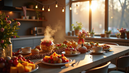Morning Brunch Spread With Fruits and Desserts in a Sunlit Kitchen